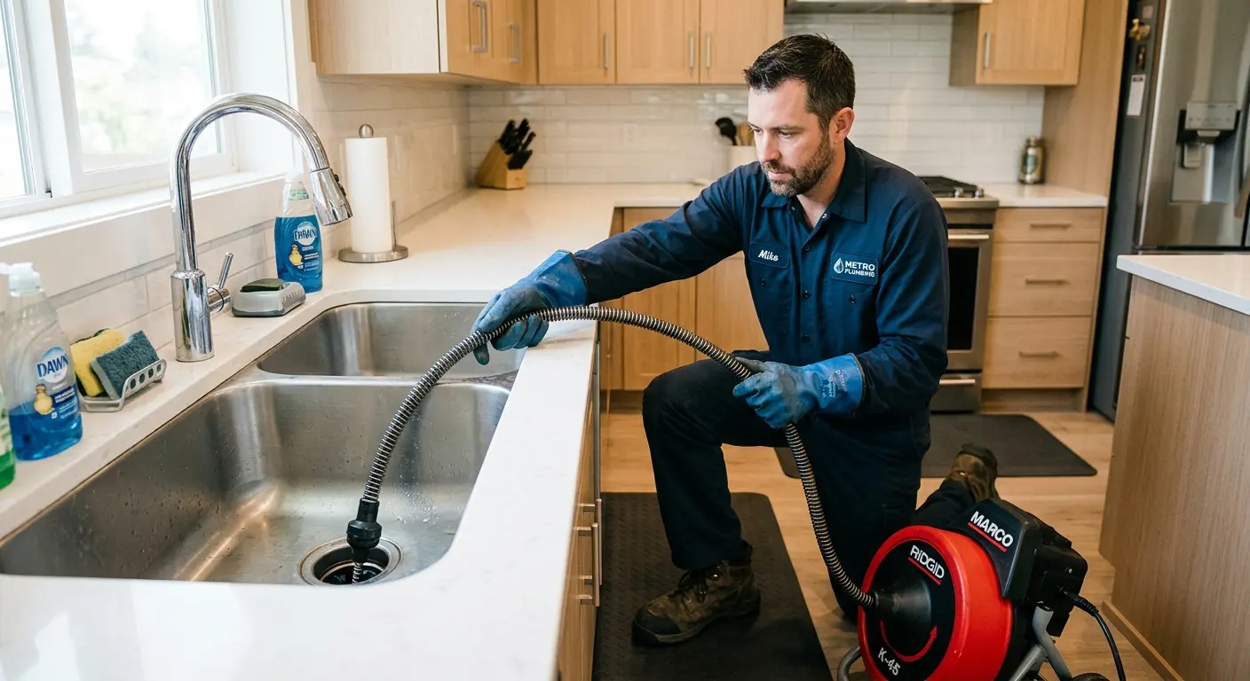 Drain cleaning technician using a motorized snake on a kitchen sink in Baltimore