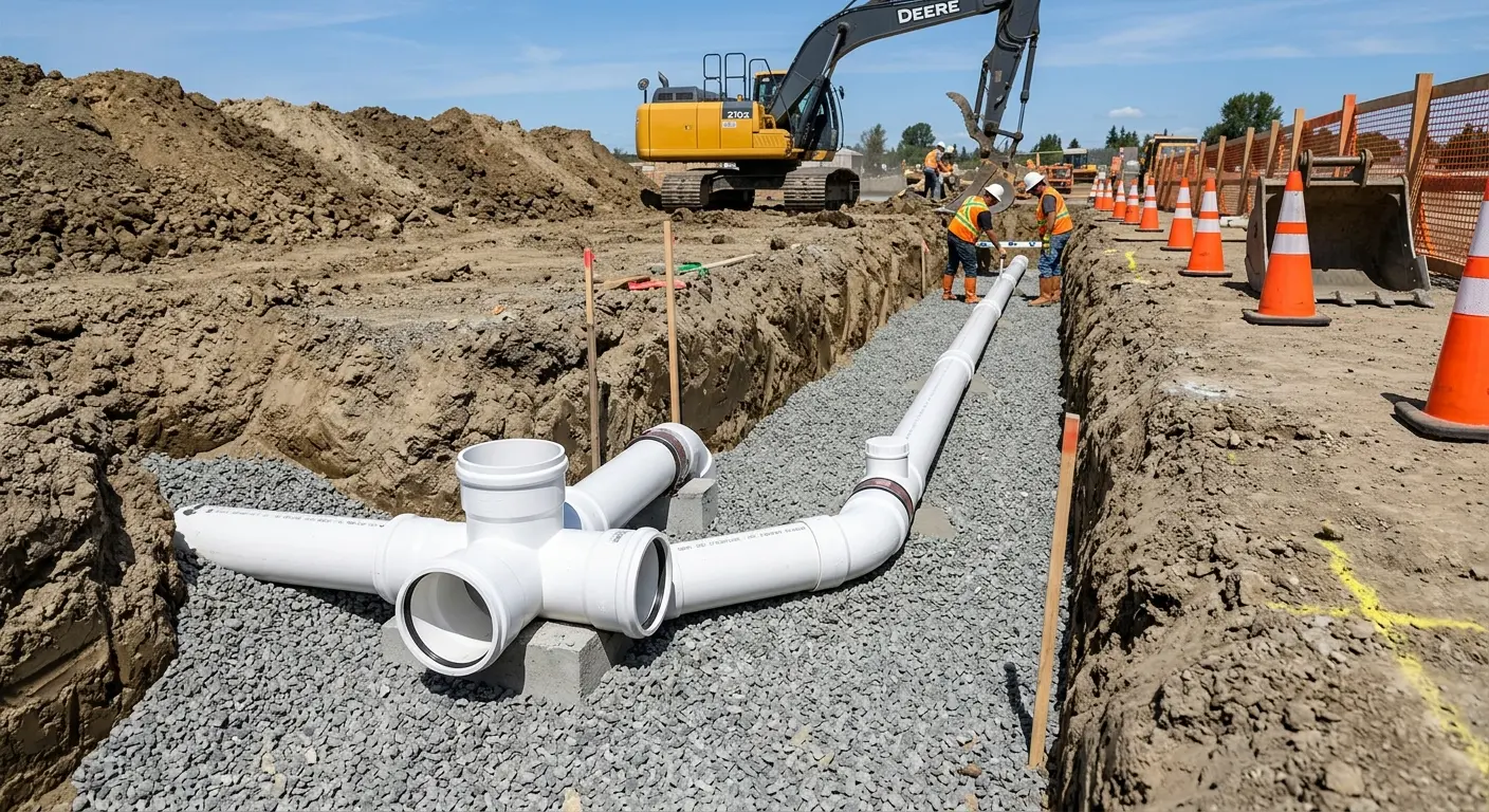 New PVC sewer pipe installation in open trench for Sewer Backup in Baltimore