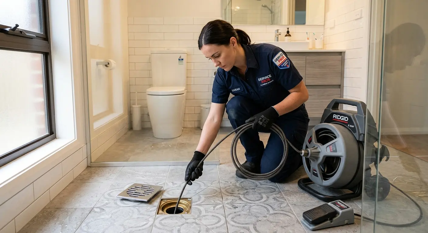 Technician clearing a bathroom floor drain for Hydro Jetting in Baltimore